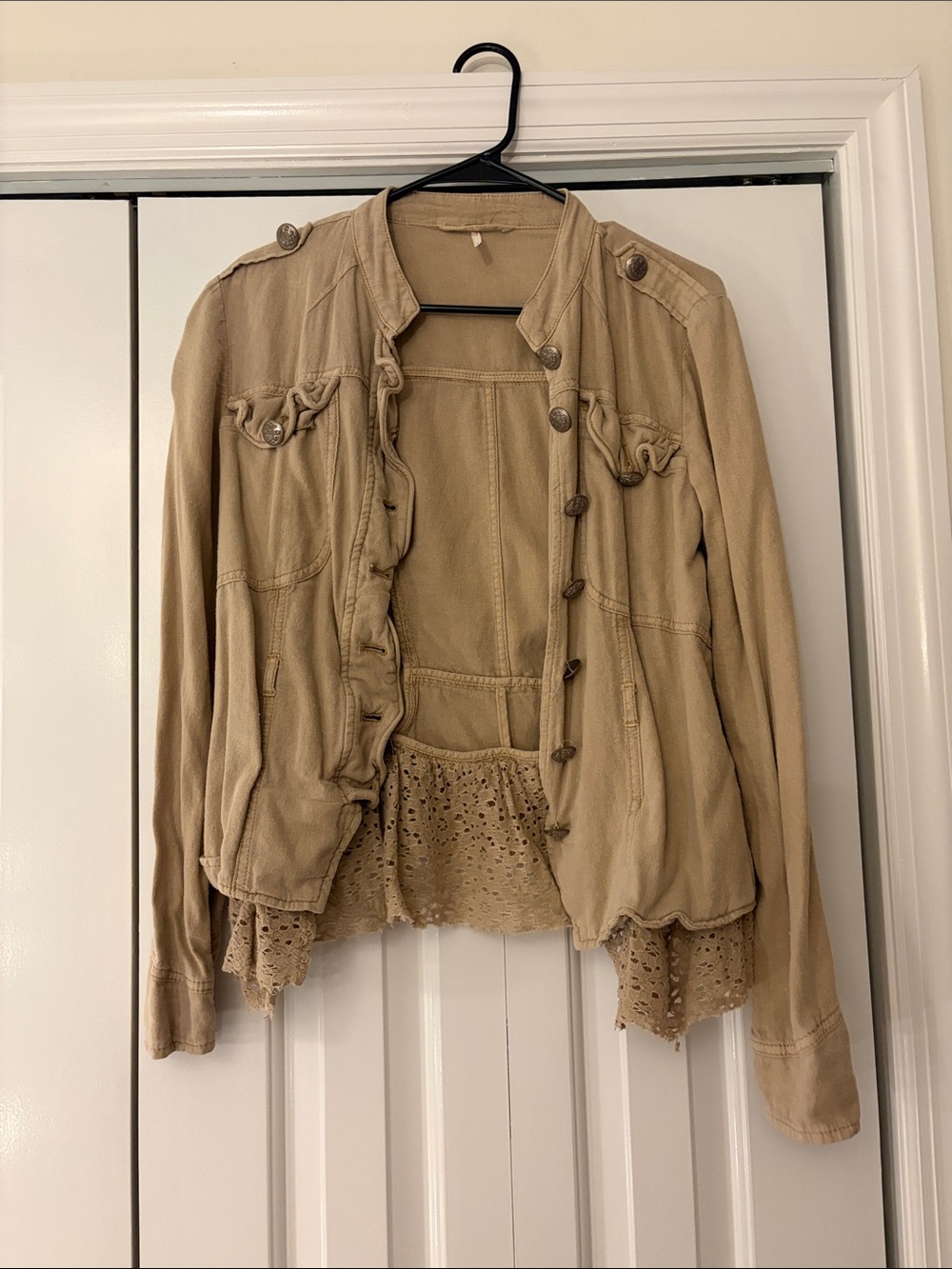 Free People Beige Eyelet-Hem Military-Style Blazer